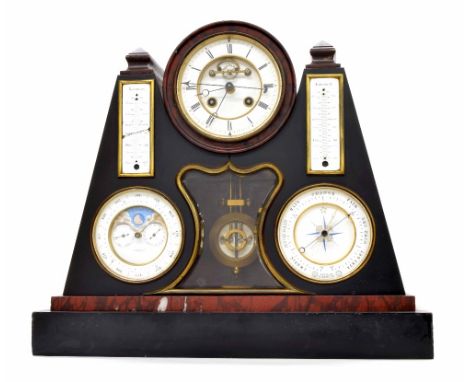 French black and red marble two train clock compendium, the 5.25" clock chapter ring enclosing a recessed brocot visible esca