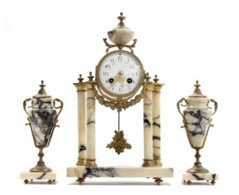 French ormolu and coloured marble two train drumhead mantel clock garniture striking on a bell, the 3.5" white dial within a 