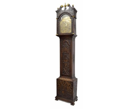 Scottish oak eight day longcase clock, the 12 " brass arch dial signed Alex Trotter, Jedburgh on a flat circular plate to the