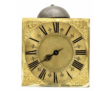 Thirty hour longcase clock movement, the 11" square brass dial signed Hen Druce, Winfield on the brass chapter ring enclosing