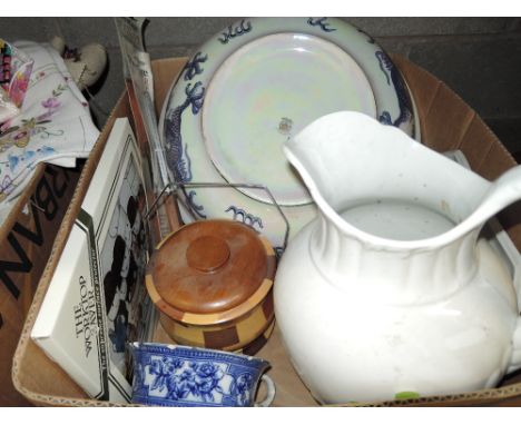 A Maling wash bowl, treen biscuit barrel, ceramic jug etc
