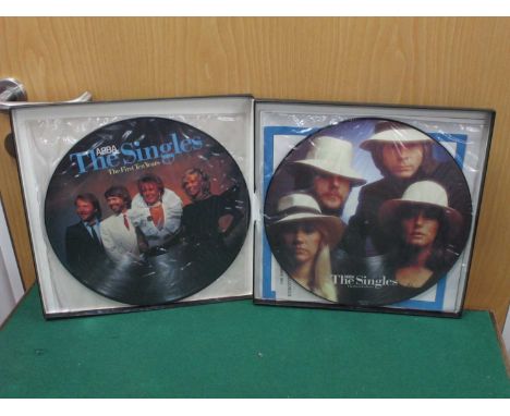 Abba - The Singles (First Ten Years) (Epic ABBOX 2, 1985) box set containing two picture discs, booklet, poster, and ticket. 