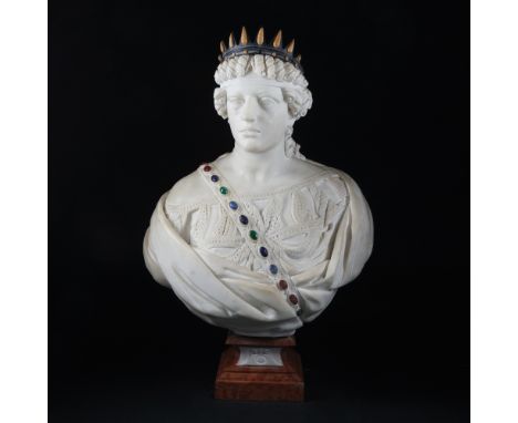 White marble sculpture with applications of polychrome marbles and semi-precious stones depicting the Allegory of Europe; bas