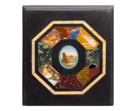 Black marble tile, Rome, 19th century rectangular in shape, decorated with hexagonal sampling of polychrome marbles: in the c