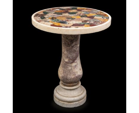 Table with round top in white marble, Rome, 19th century inlaid with irregular samples of polychrome marbles; single central 