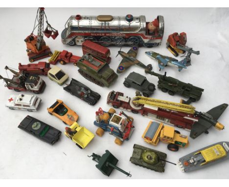 A large collection of unboxed Corgi, Dinky, Britains ,and Matchbox model vehicles including The green hornet, moonbuggy, batm