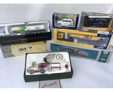 A collection of 7 boxed Corgi Classics including Jet Tanker, Texaco Pipeline lorry, BP Tanker, Tarmac Guy Invincible Beam Loa