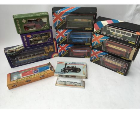 A box contains a collection of boxed model vehicles including Solido, Siku , Efsi, Brumm, Merit, etc