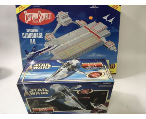 A boxed Stingray Cloudbase HQ, a boxed Stingray Marineville headquarters, a boxed Star Wars Jango Fetts Slave 1, Stingray fig