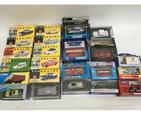 2 boxes containing a large collection of boxed buses ,lorries, and cars including Corgi Toys EFE Vanguard, Solido, Matchbox e