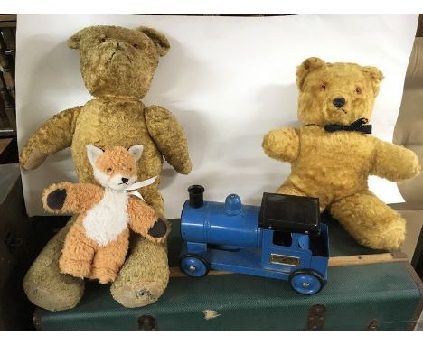 A Triang train, Two old teddy bears, and a Steiff fox