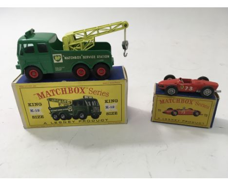 A boxed K12 Matchbox Kingsize heavy breakdown wreck truck BP, together with a boxed Matchbox 1-75 Series Ferrari No 73 ( flap
