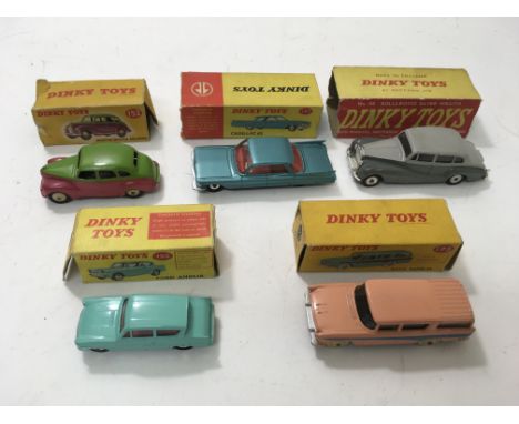 Five boxed Dinky Toys including Austin Devon No152, Ford Anglia No 155, Rolls Royce No 150, Nash Rambler No 173 and Cadillac 