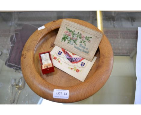 Cartier branded ring box a turned wood bowl and two vintage silk valentines