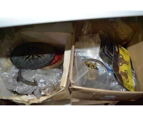 Two boxes of various clock parts