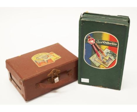 Vintage cased set of coloured pencils together with a chocolate box in the form of a miniature suitcase
