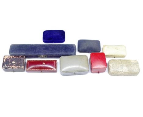 Nine antique and vintage jewellery boxes includes: stick pin, cufflink and bracelet type boxes. One marked Hicklenton &amp; S