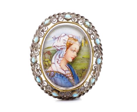 Continental silver and painted portrait brooch marked 800, with filigree and wire borders set with turquoise colour gemstones