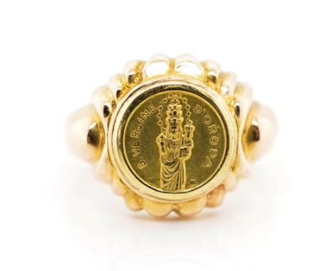 Yellow gold coin ring approx weight 2.5 grams, ring size K-L. tests as 18ct