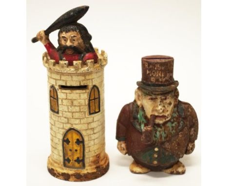 Two cast iron money box banks including Man in a Castle, and Man with a Pipe, (rusted), (height 22cm approx, taller bank).