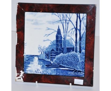 Framed vintage blue &amp; white ceramic tile decorated with Mill and Pond scene, (15cm X 15cm approx, framed).