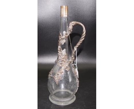 Vintage crystal &amp; silver plate claret jug cased silver plate grape and vine leaf decoration, to crystal jug, (height 33cm