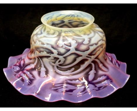 Antique vaseline &amp; ruby glass lampshade blossom and leaf decoration, to red glass coloured border, (diameter 30cm approx)