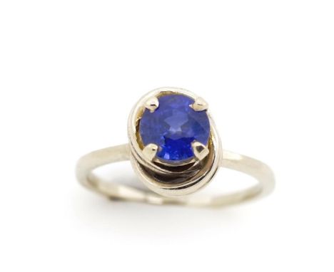 Blue sapphire and 14ct white gold ring marked 14k. Approx sapphire dia 5.5mm, ring weight 2.7 grams, ring size K-L