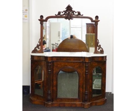 Victorian walnut credenza with mirrored back, marble top and 3 mirrored doors opening to inside shelf, 137cm wide, 44cm deep,