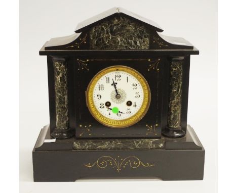 Antique French eight day striking mantel clock in architectural  slate and marble case, no Bezel glass , key or pendulum , 31