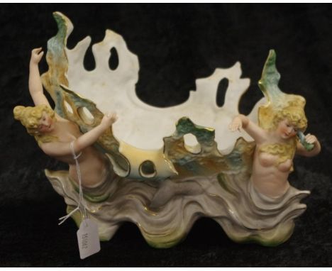 Vintage Continental bisque ceramic bowl extensive figural decoration of mermaids supporting a shell form bowl, (diameter 26cm