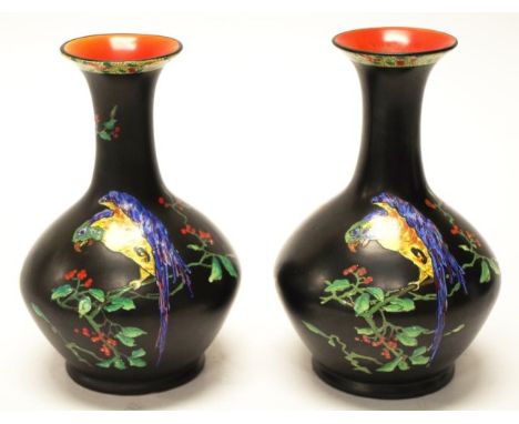 Pair vintage Carlton Ware  'Parrot' vases marked to bases and # 3017/1553, (height 17cm approx, each).