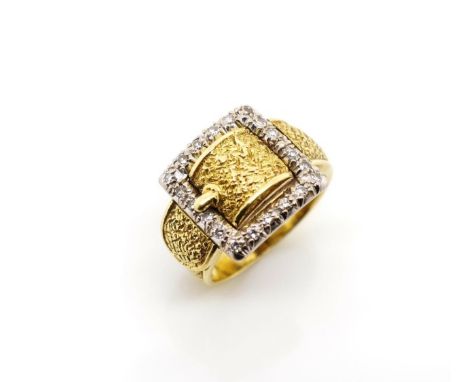 Diamond and 18ct yellow gold buckle ring marked to interior. Circa 1960-70. Approx weight 7.6 grams, ring size K-L, with 20x 