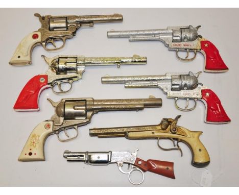 Collection of vintage cap guns including a pair of Lone Star Night Riders, Crescent Toy Co Rustler 45 &amp; an Australian mad