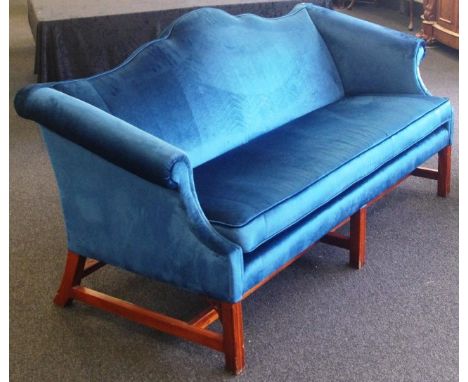 Three seater sofa recently re-upholstered in blue fabric. 195cm wide and 100cm tall.