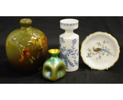 Group four Continental ceramic pieces including Zsolnay, Hungary posy vase, marked to base, (height 9cm approx); a Lotte, Nor