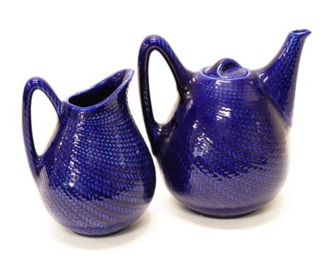 Rorstrand Sweden ceramic teapot &amp; jug blue glaze decoration, circa 1950s, marked to bases, (height 18cm approx, teapot).