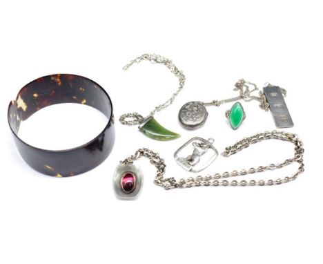 Silver and and gemstone jewellery group includes a Pewter Jorgen jensen necklace, silver and green stone ring, Nephrite and s