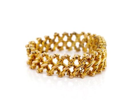 Antique rose gold flex bangle with hollow riveted links, one is detached and with slight pin holing. Rubbed mark. Approx weig