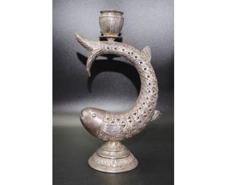 Ornate silver plate fish candlestick height 24.5cm approx