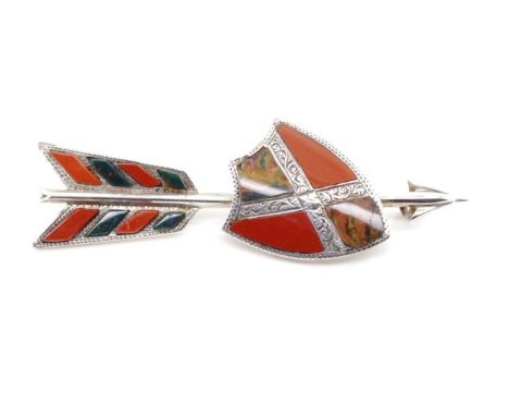 Antique Scottish Jasper and bloodstone set brooch of arrow and shield form with Diamond in white metal, with diamond registra