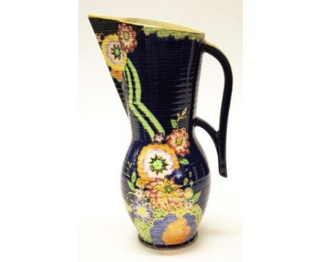 Vintage Crown Devon ceramic jug vase floral decorated on cobalt blue ground, marked to base and # 484 LS, (height 30cm approx