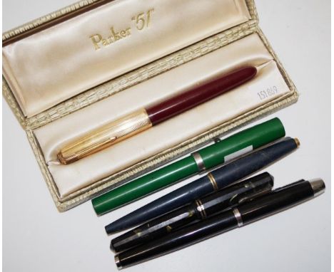 Boxed Parker '51' fountain pen together with 2 other vintage fountain pens &amp; 2 biros