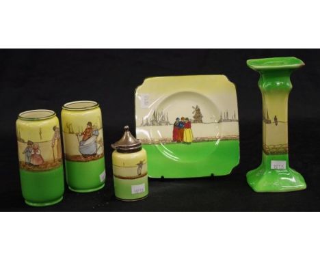 Five Royal Doulton 'Dutch Harlem' pieces including pair posy vases, (height 11.5cm approx, each); a candlestick, (height 16.5