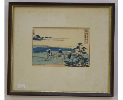 Katsushika Hokusai (1760-1849) woodblock print "Fujikawa Station", circa 1804, 11.5cm x 16.5cm, 27cm x 30.5cm ( later frame),