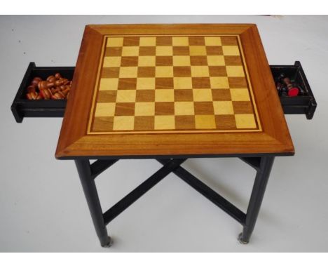 Fold away chess table with 2 drawers containing playing pieces supported by a fold away base, 63.5cm x 63.5cm, 63.5cm high ap