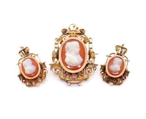 Victorian Sardonyx set gold earring and pendant set, with Romanesque scrolling wire work in rose gold and tri colour allied v
