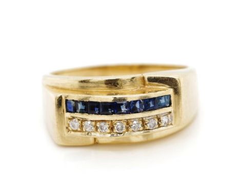 Sapphire and diamond set 9ct yellow gold ring marked 375. Approx weight 3.2 grams, 8x blue sapphire step cuts, 7x round brill