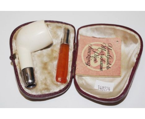 Cased sterling silver, amber&amp; bone Meerschaum pipe stamped 925, in original fitted case