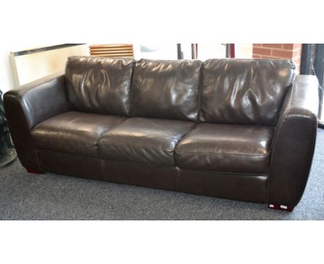 A contemporary three seater dark brown leather sofa